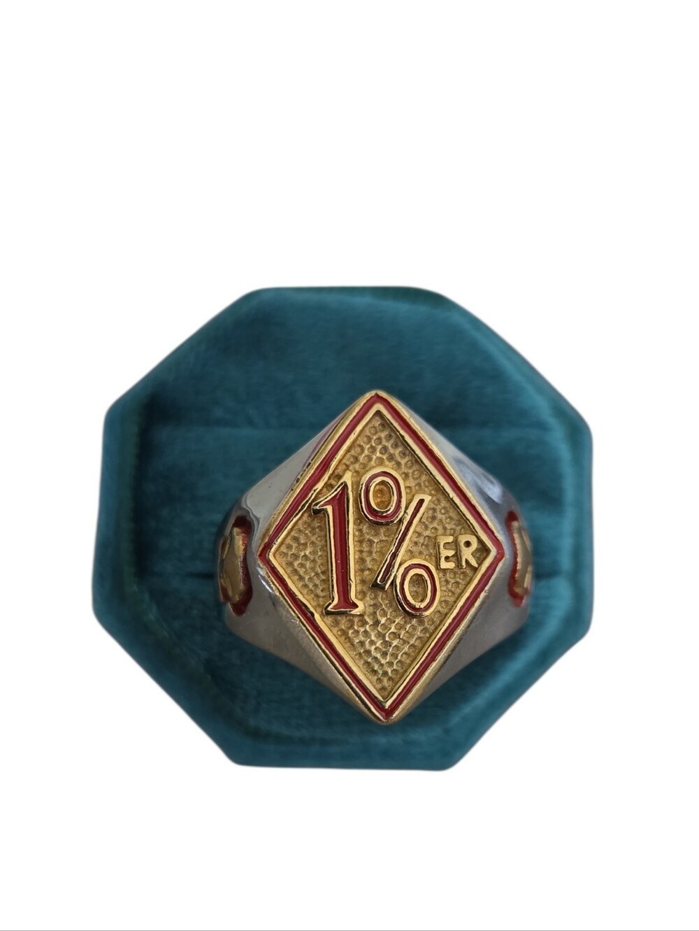 Size 16 Stainless Steel 1% ER Diamond Emblem Ring in Gold & Red